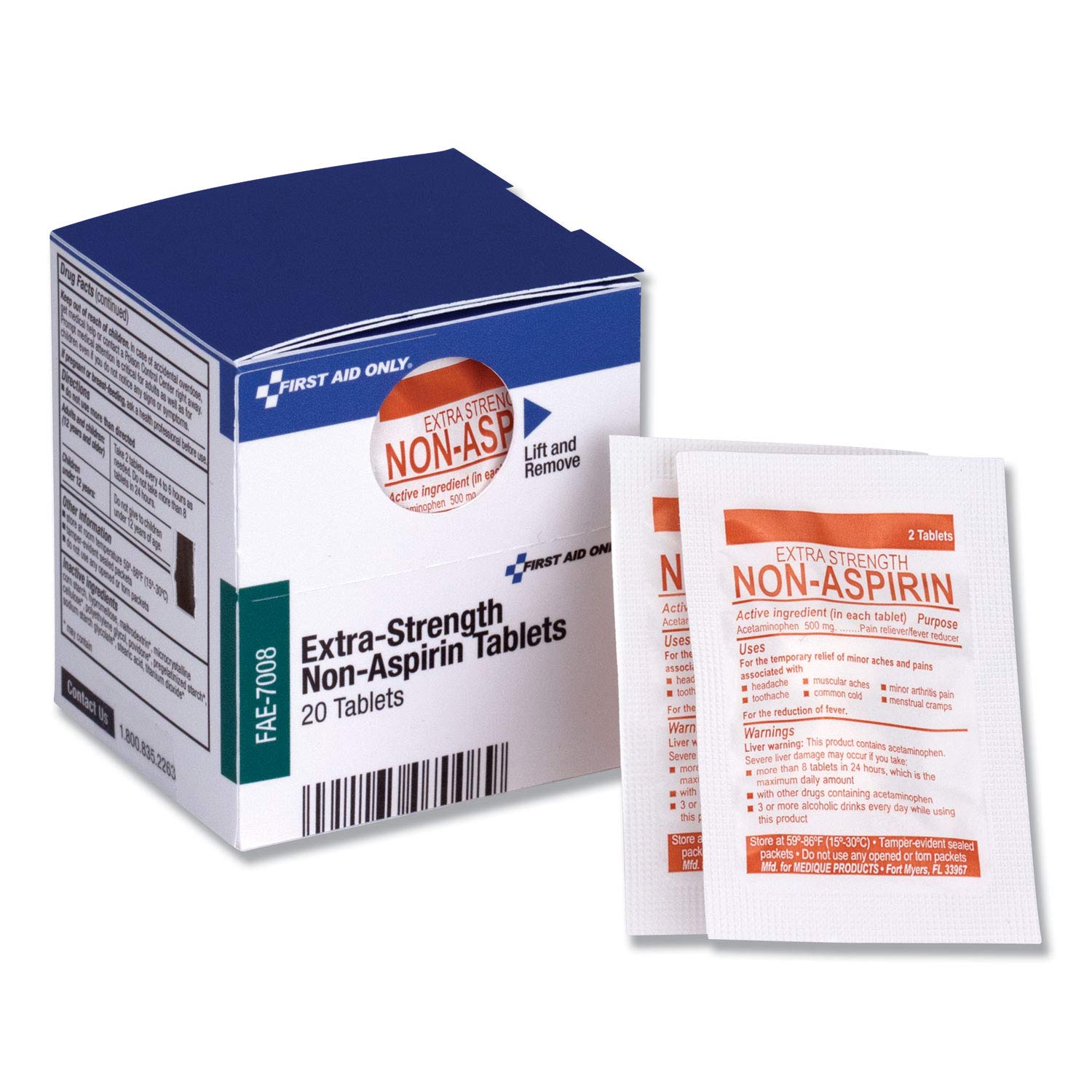 First Aid Only SC Refill box showing extra-strength non-aspirin for temporary pain relief