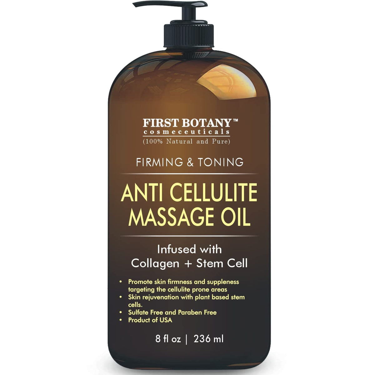 First Botany anti-cellulite oil bottle pour showing fast-absorbing formula for smooth skin