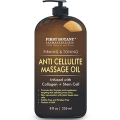 First Botany anti-cellulite oil bottle pour showing fast-absorbing formula for smooth skin