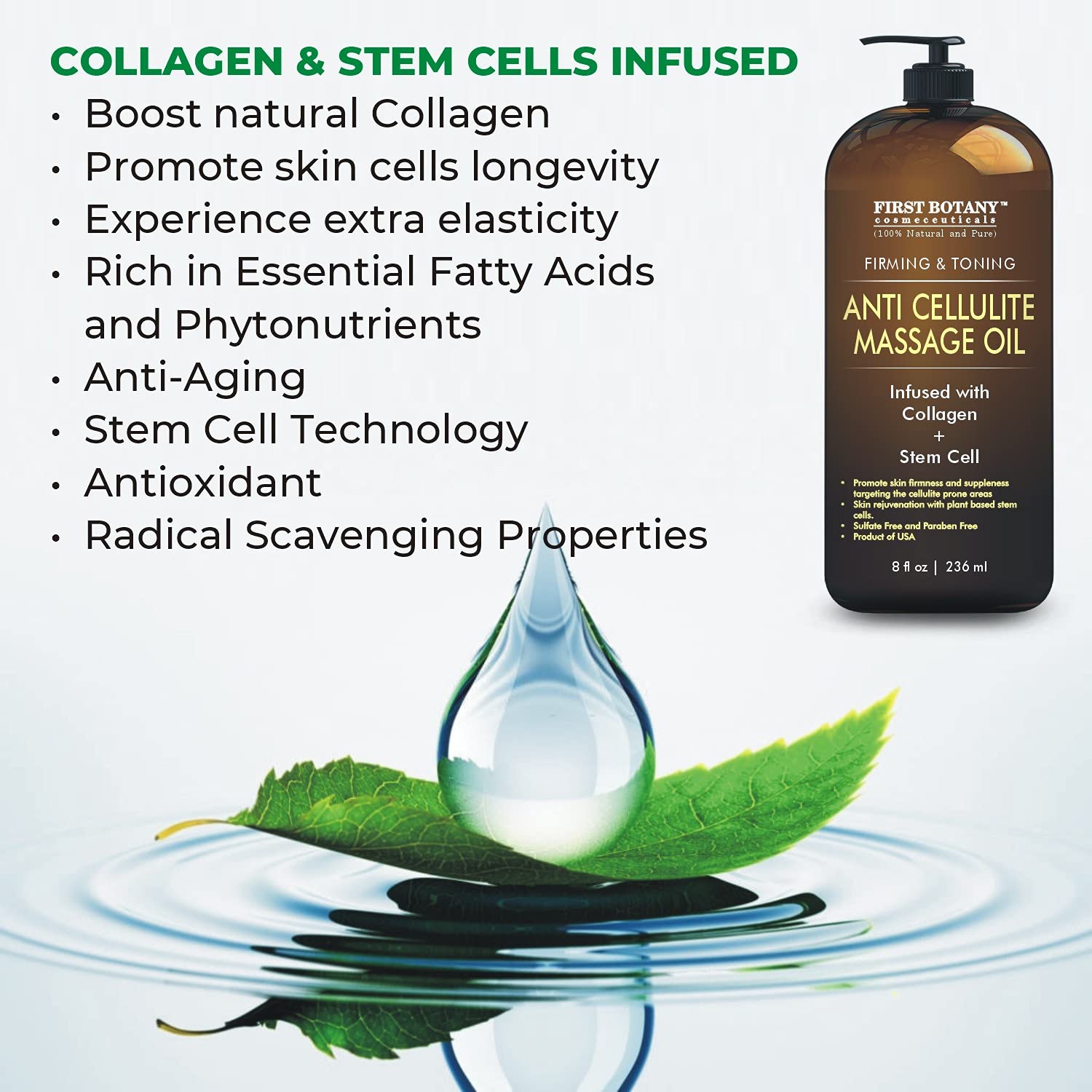 First Botany cellulite oil close-up highlights lightweight, non-greasy feel