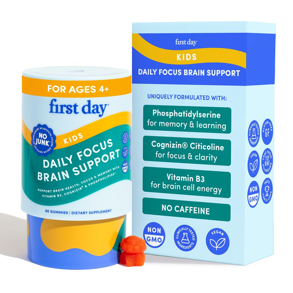 FIRST DAY Kids Focus gummies bottle front showing a kid-friendly brain support option.