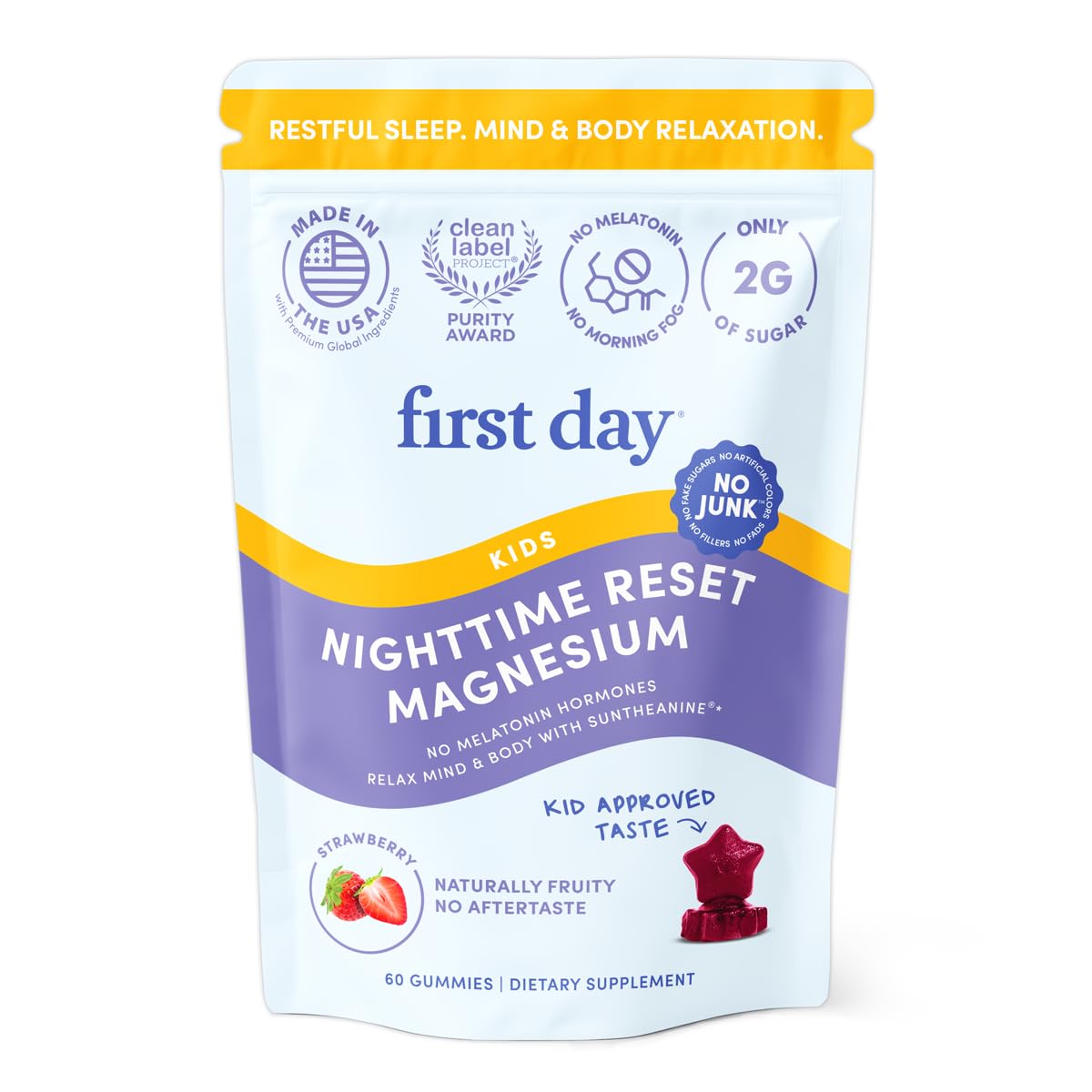 FIRST DAY Kids Magnesium Citrate Gummies bottle label highlights a trusted bedtime supplement for calm nights