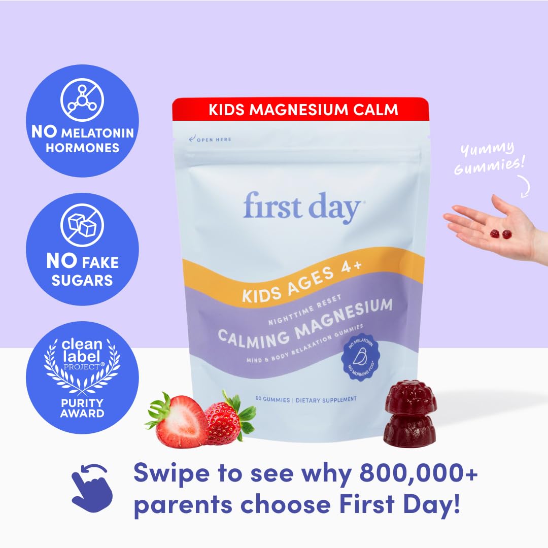FIRST DAY gummies strawberry bites closeup highlights kid-friendly texture for easier bedtimes