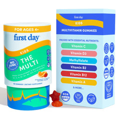 First Day Kids Multivitamin Gummies bottle close-up for daily nutritional support.