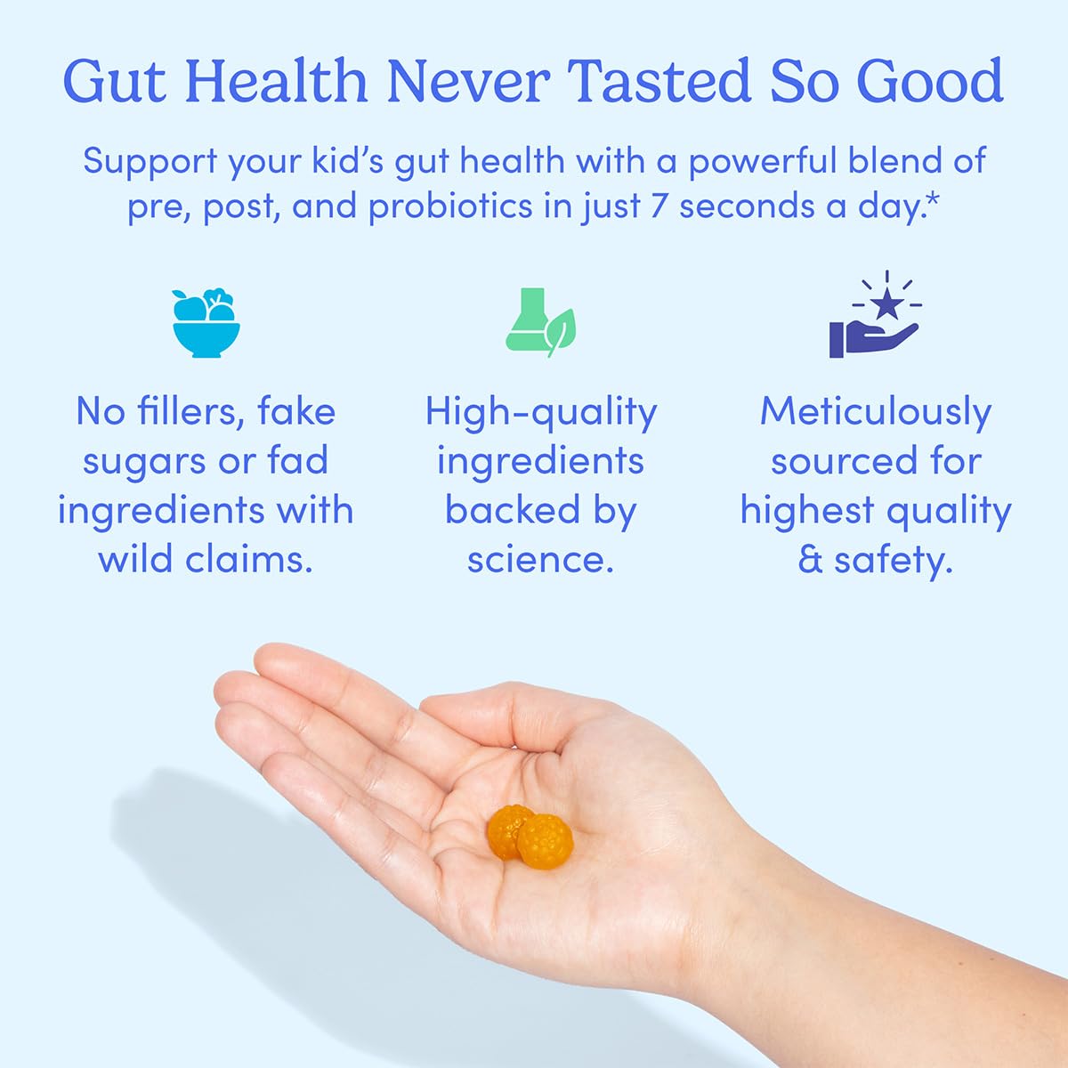 Back panel of First Day gummies shows allergen-free ingredients and natural sweeteners.