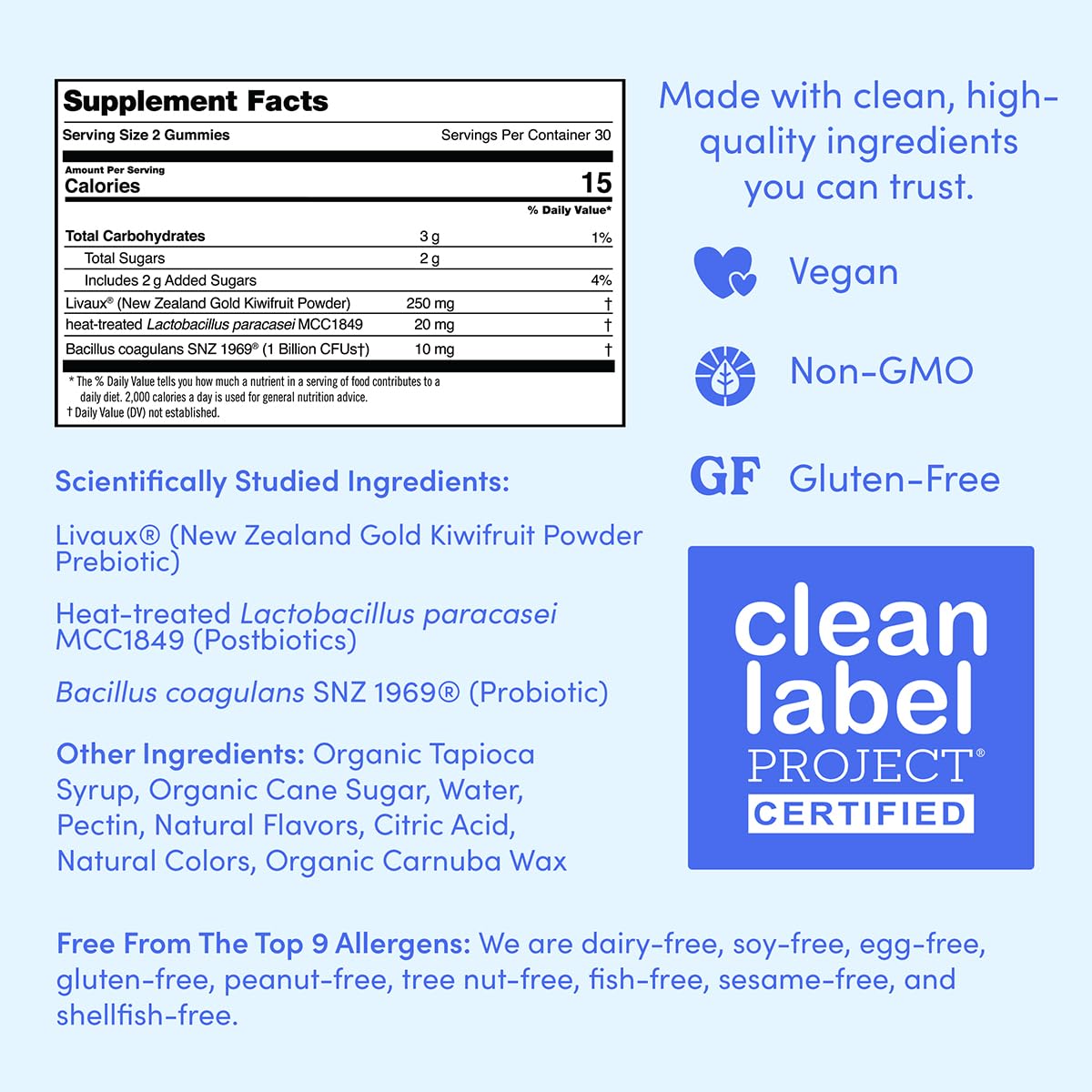 Vegan and gluten-free badge on First Day Kids Probiotic Gummies packaging.