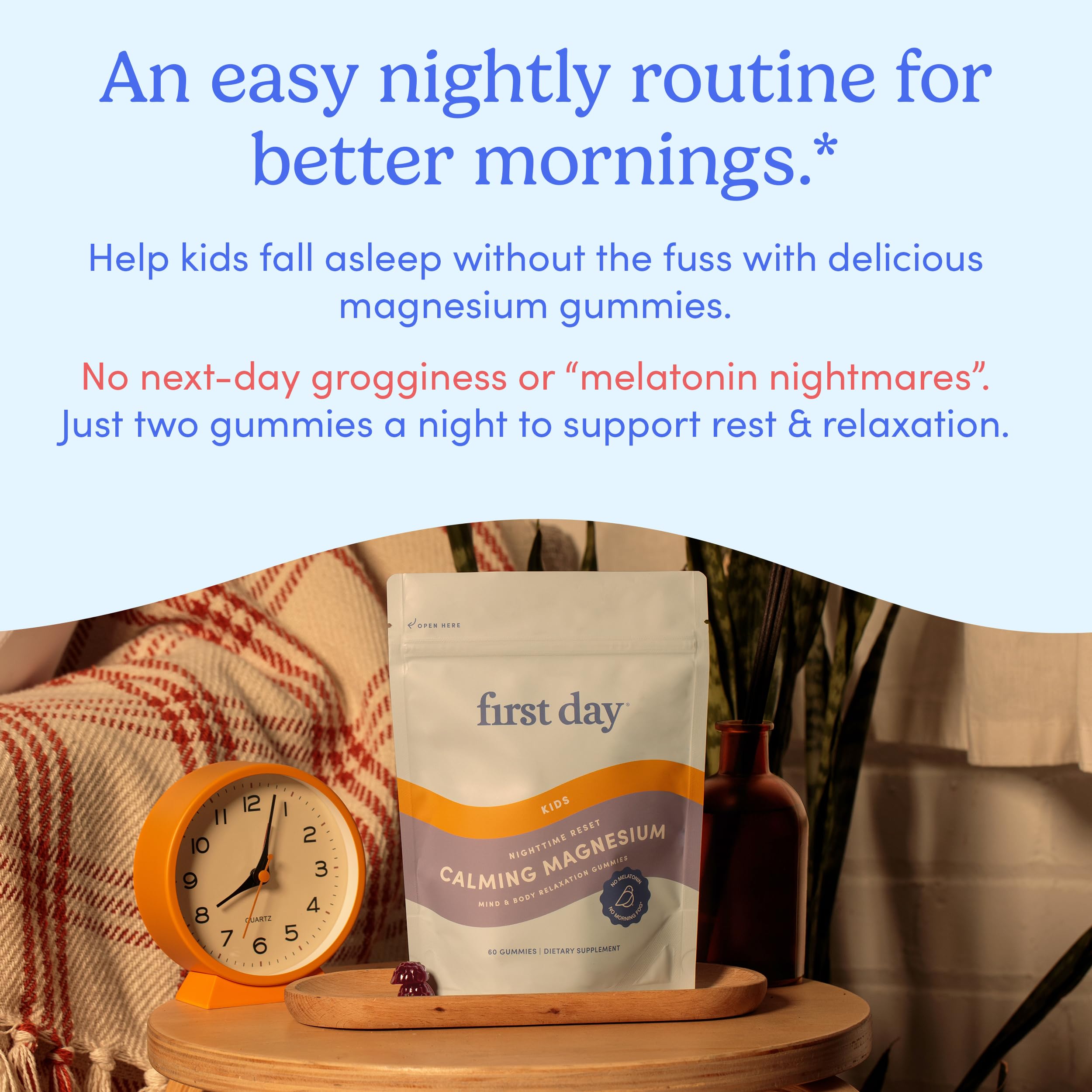 First Day no-melatonin icon communicates melatonin-free bedtime option