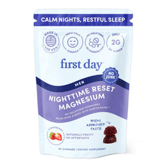 First Day Men’s Nighttime Reset bottle label highlighting sleep support and allergen-free formula