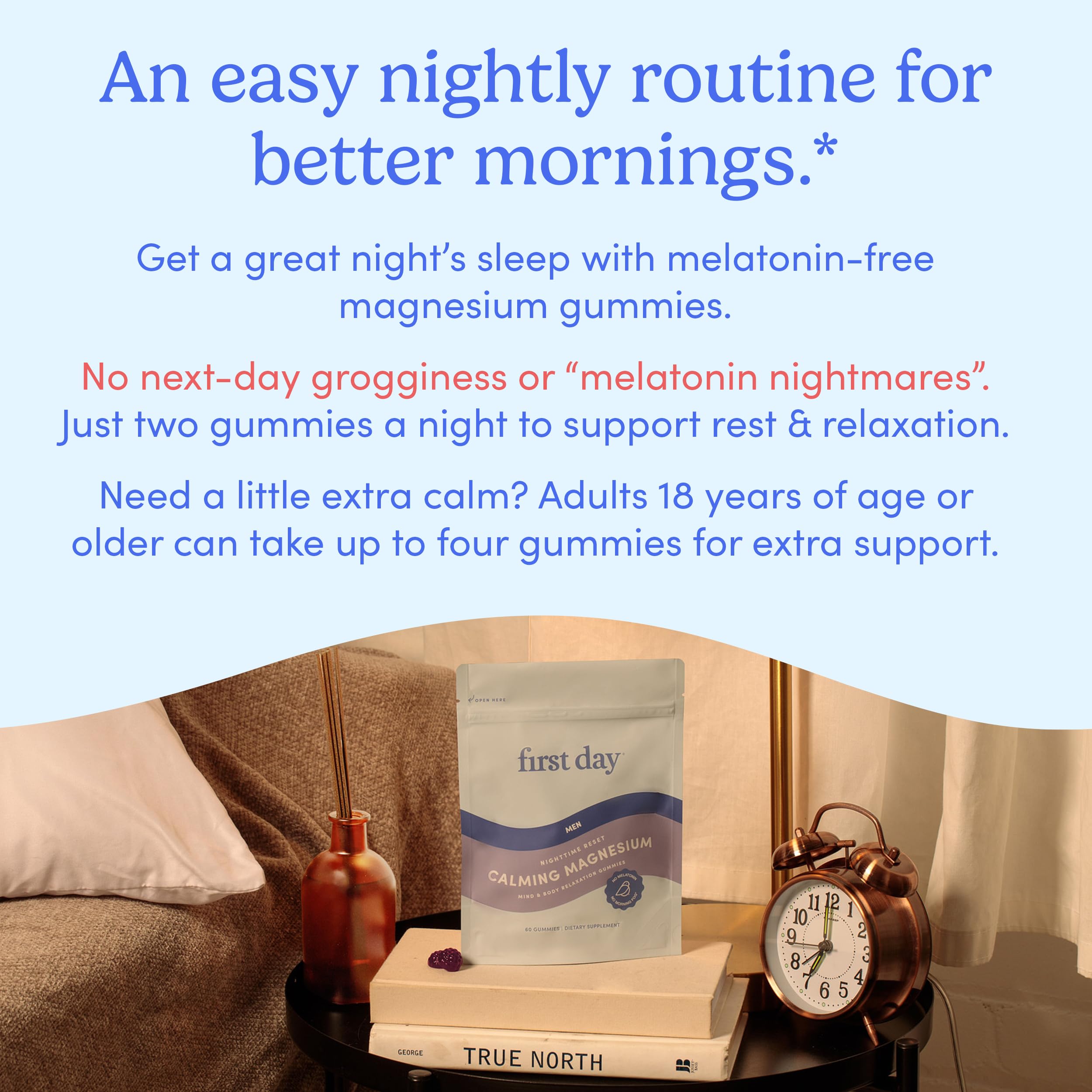 First Day Men’s Nighttime Reset vanilla-fruit flavor gummies close-up