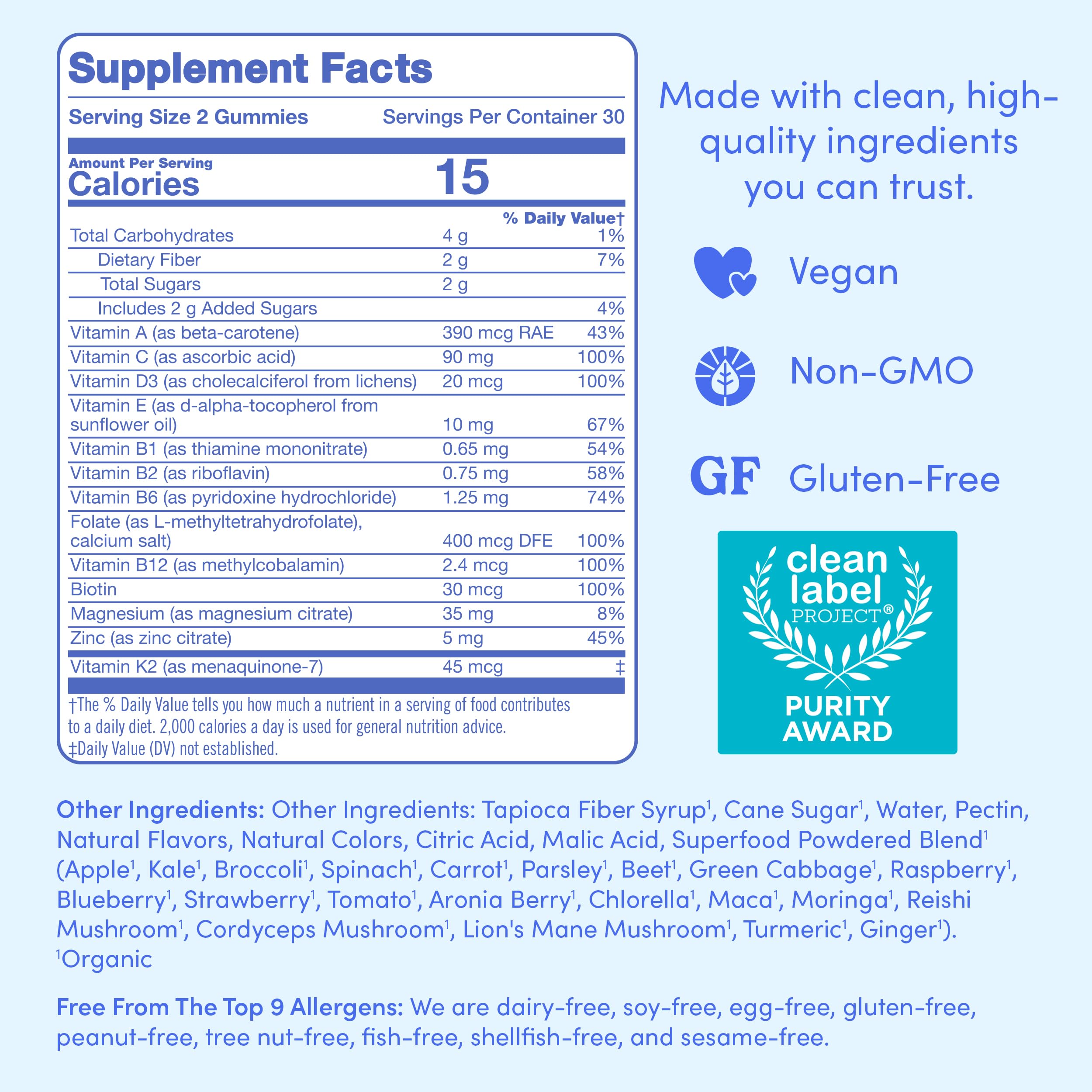 Organic fruit and veggie blend highlights natural ingredients supporting vitality.
