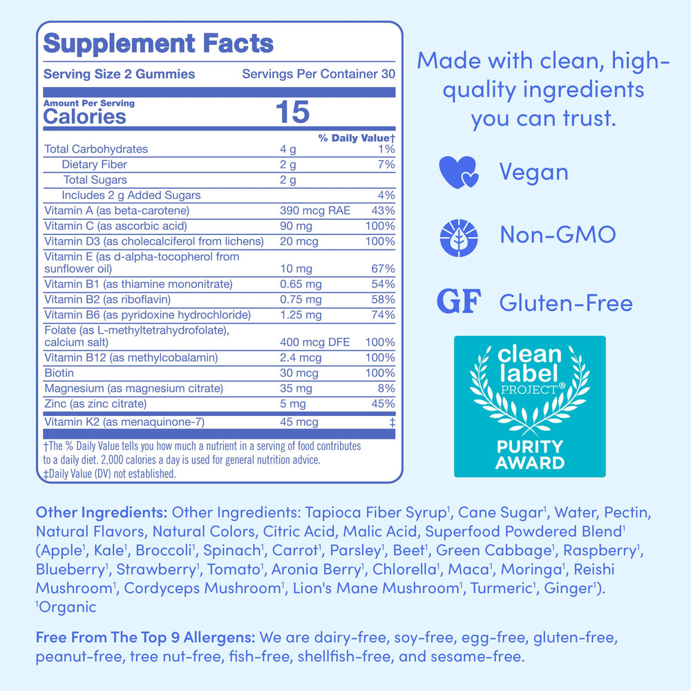 Organic fruit and veggie blend highlights natural ingredients supporting vitality.