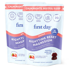 First Day Nighttime Reset bottle front showing brand and calm nighttime focus.