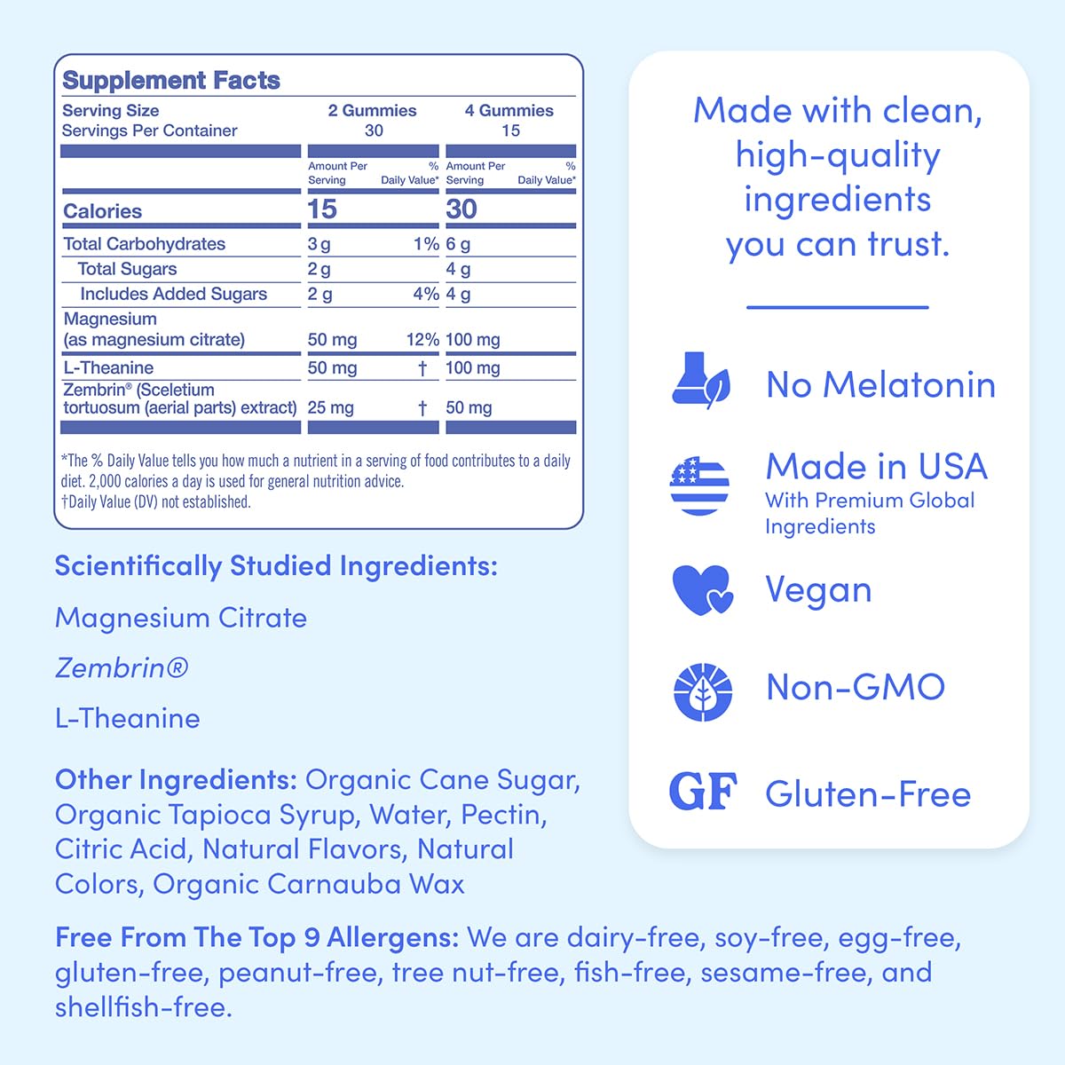 First Day Nighttime Reset ingredients list mentioning L-theanine and Zembrin inclusion.