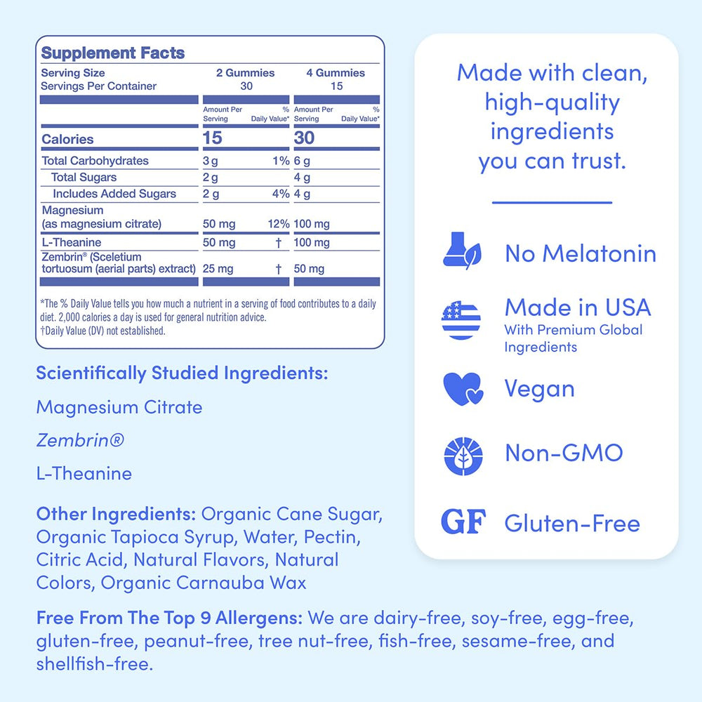 First Day Nighttime Reset ingredients list mentioning L-theanine and Zembrin inclusion.