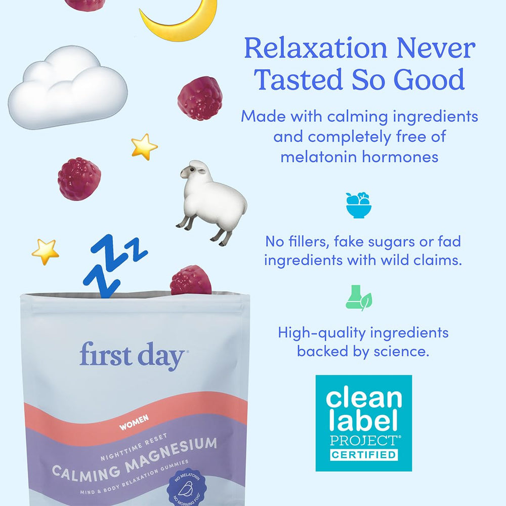 First Day Nighttime Reset label detail noting no melatonin and sugar-conscious formula.