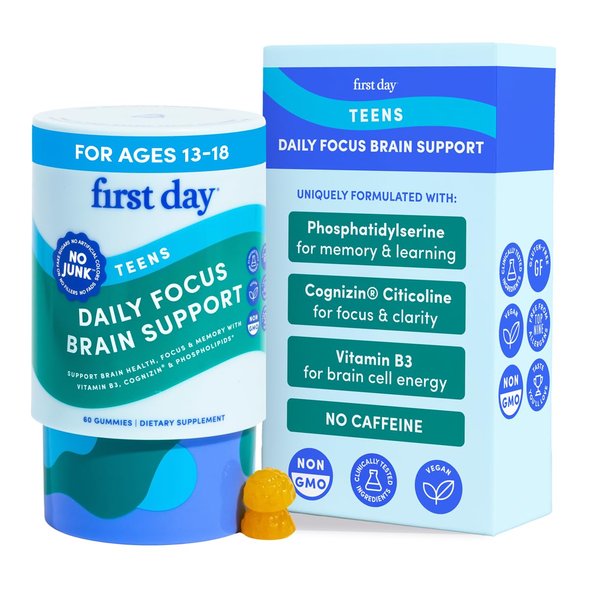 FIRST DAY Teen Brain & Focus bottle with 60 gummies for daily study support.