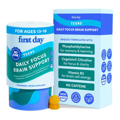 FIRST DAY Teen Brain & Focus bottle with 60 gummies for daily study support.