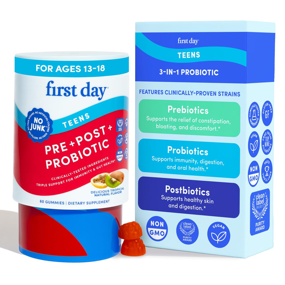 FIRST DAY Teens 3-in-1 probiotic gummies bottle with colorful chews for gut balance.