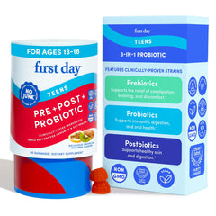 FIRST DAY Teens 3-in-1 probiotic gummies bottle with colorful chews for gut balance.