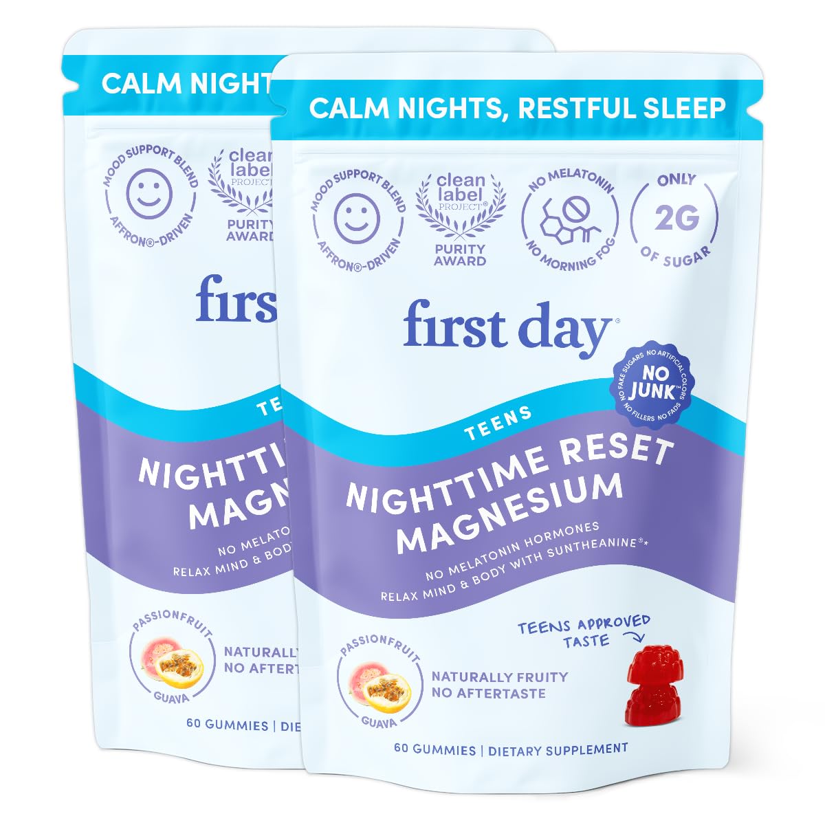 First Day Teens’ Nighttime Reset bottle showing the calming gummy format for sleep support