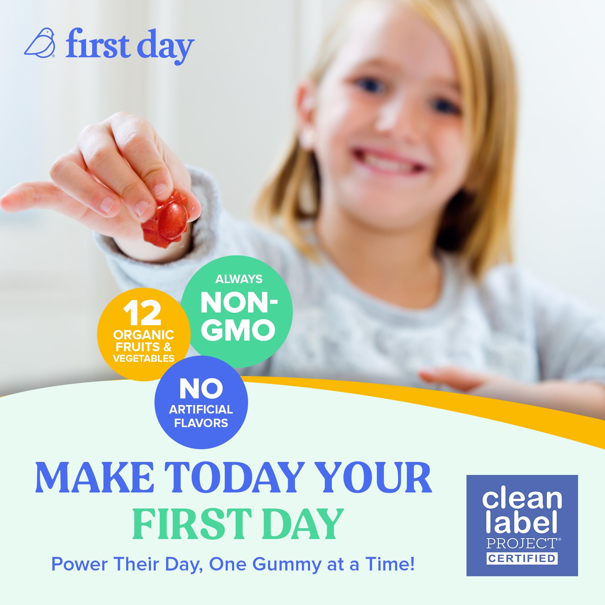 Safety seal and QA badge on First Day vitamin bottle