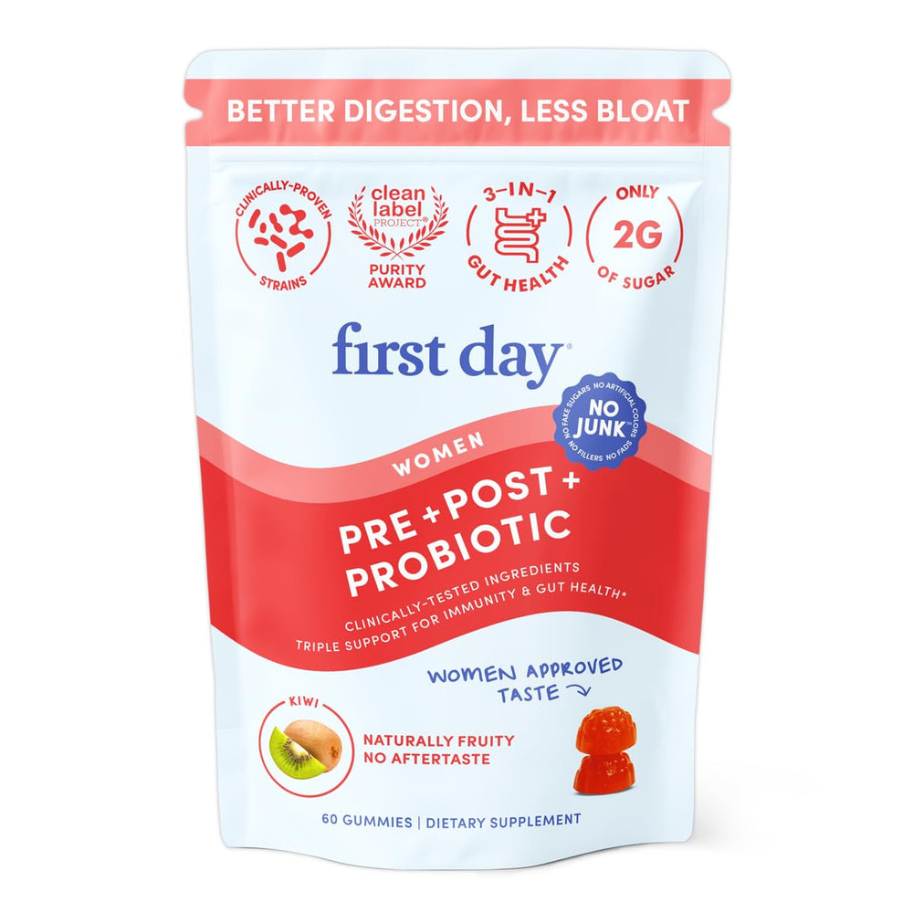 First Day Tribiotic gummies bottle showing the 3-in-1 formula for daily balance.