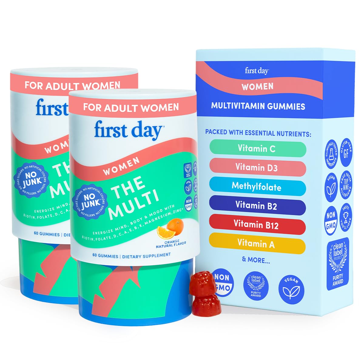 FIRST DAY Women's Multivitamin Gummies bottle for daily energy and vitality.