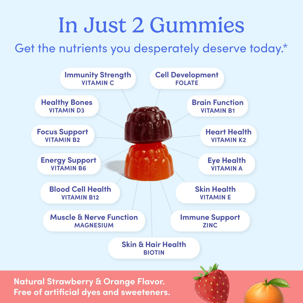 FIRST DAY organic fruits imagery signals nutrient-rich vegan vitamins.