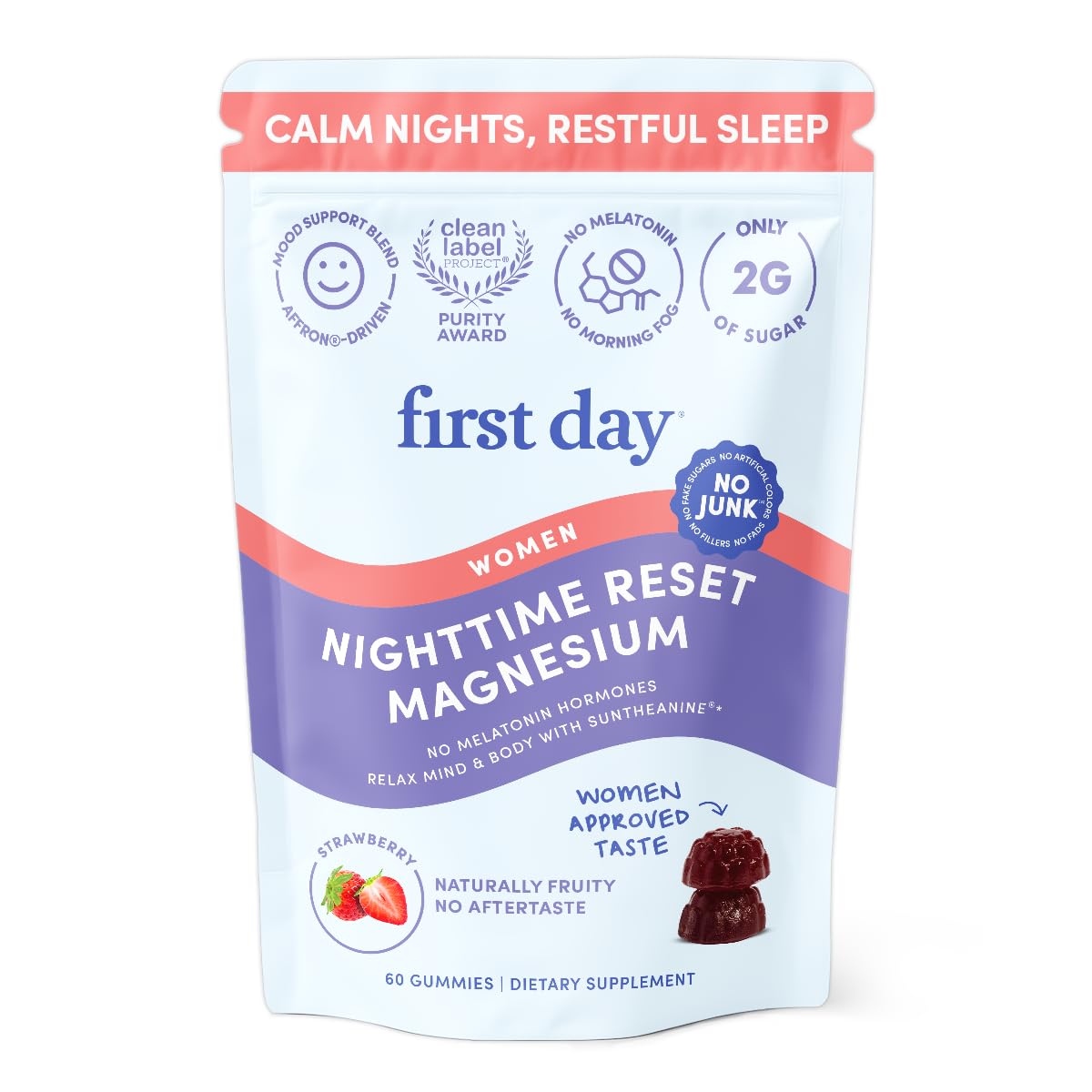 FIRST DAY Women’s Nighttime Reset bottle for a calm pre-sleep routine and peaceful rest.