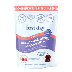 FIRST DAY Women’s Nighttime Reset bottle for a calm pre-sleep routine and peaceful rest.