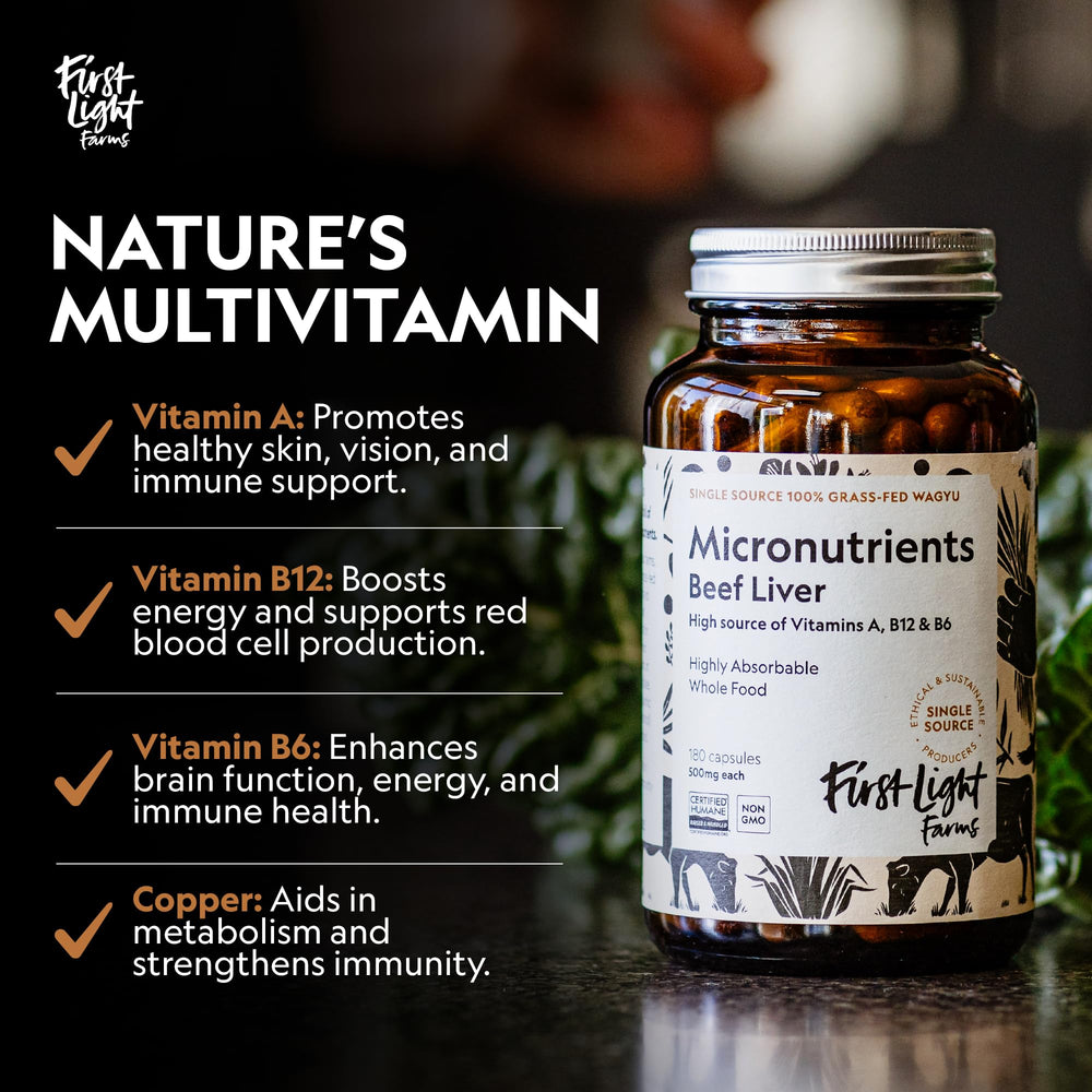 First Light Freeze-Dried Liver Capsules on a clean surface for daily use
