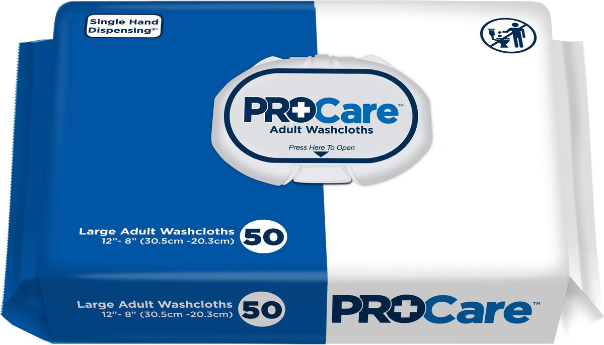 First Quality premoistened adult washcloths in a soft pack refill for convenient cleansing at home