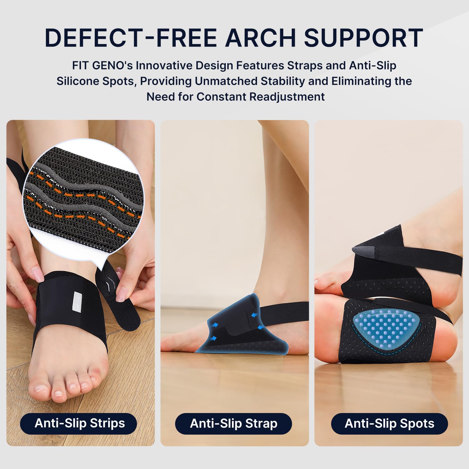 Fit Geno arch support brace gel pads support heel and metatarsals for shock absorption.