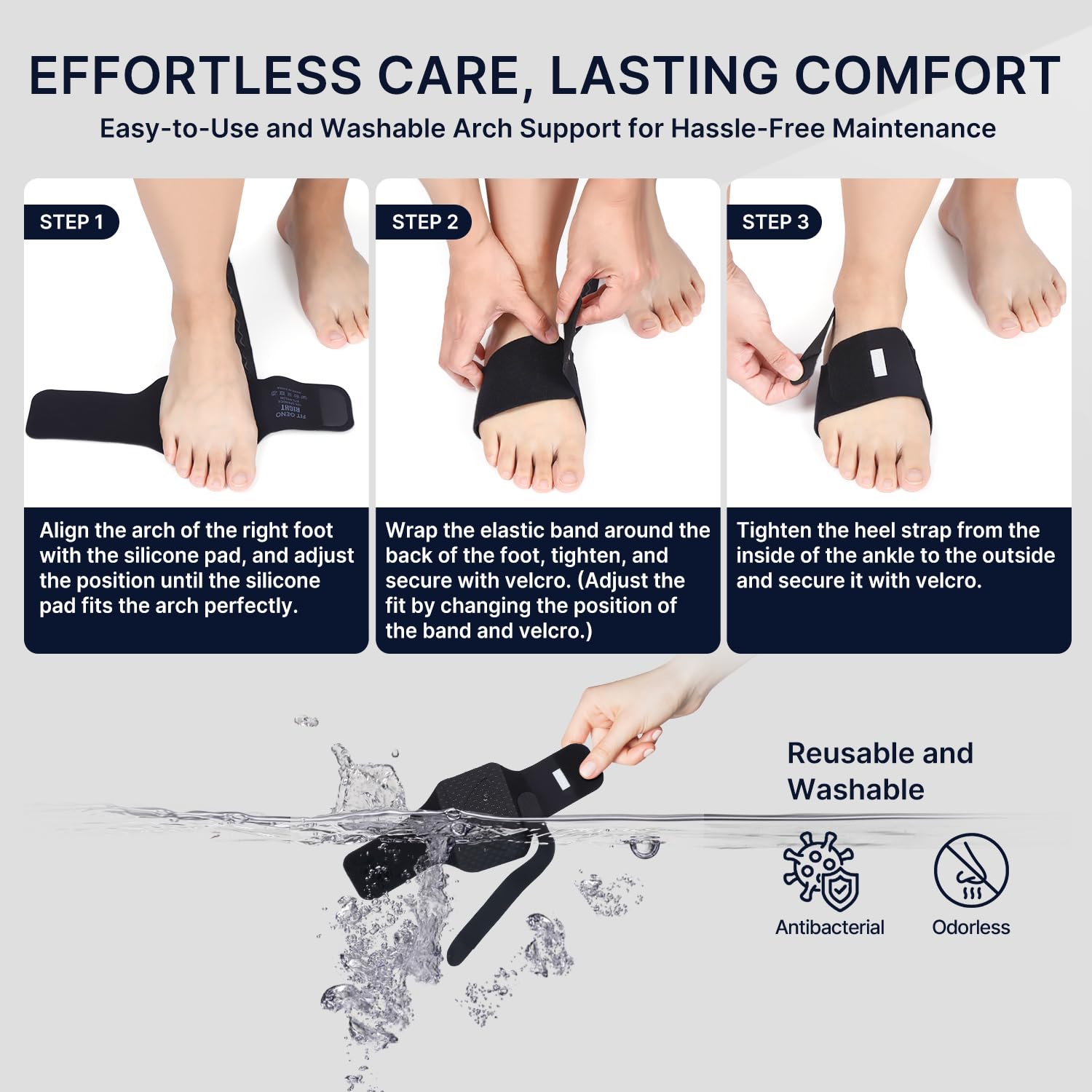 Fit Geno arch support brace moisture-wicking material keeps feet dry during wear.