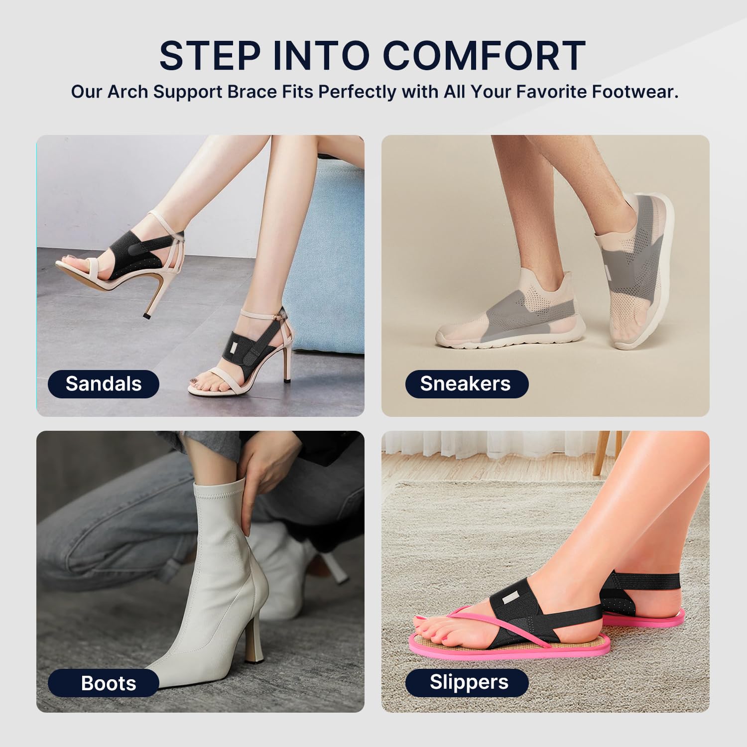 Fit Geno arch support brace slim profile design fits most casual and athletic footwear.