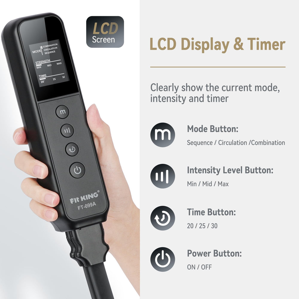 LCD handheld controller on FIT KING massager shows mode and timer at a glance.