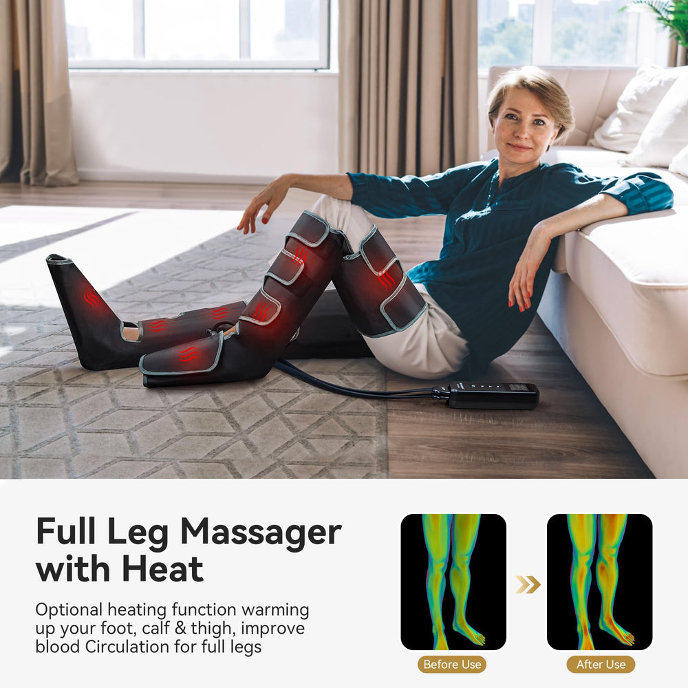 Leg massager in action with air compression around calf and thigh