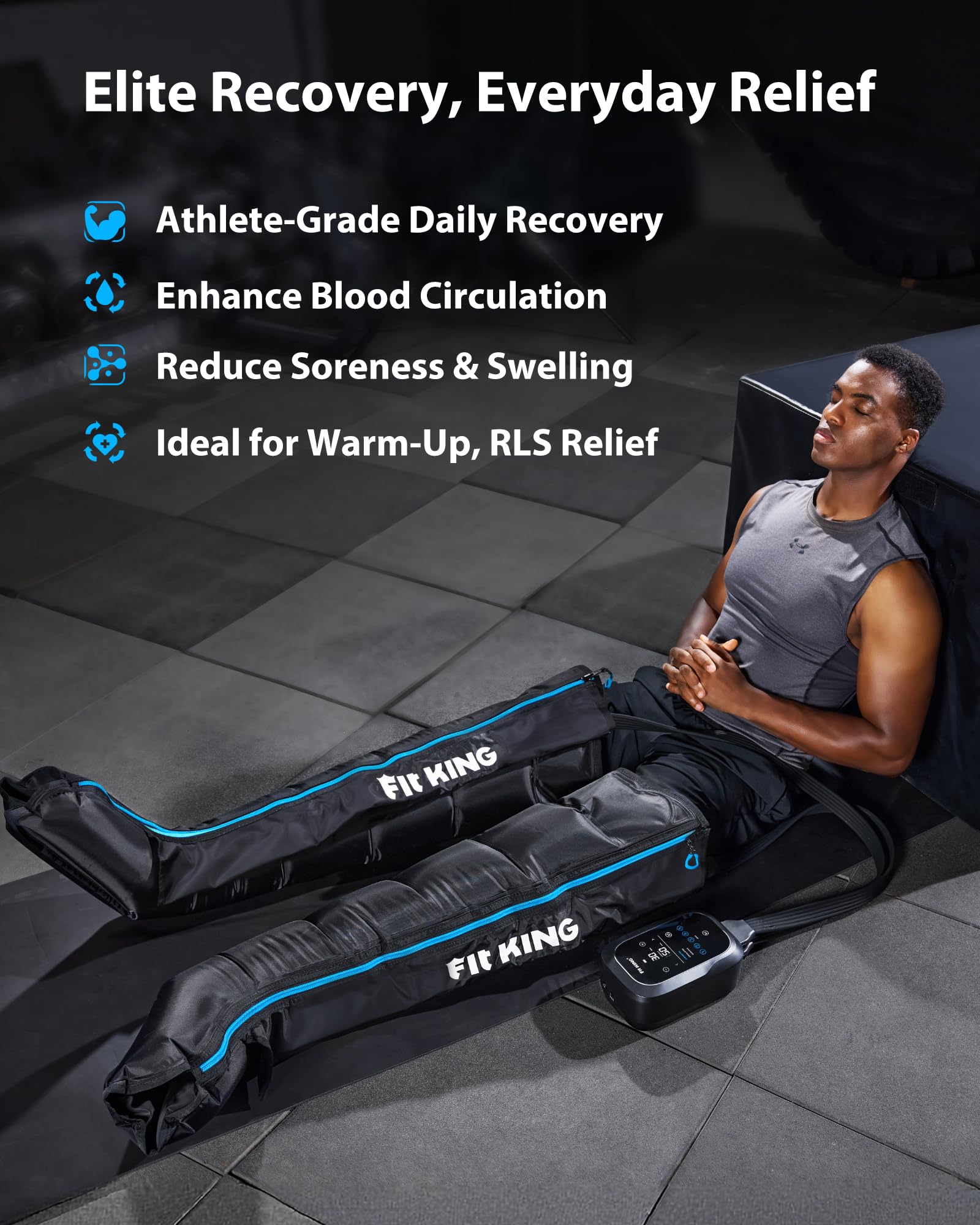 FIT KING cordless battery pack enables portable leg recovery sessions.