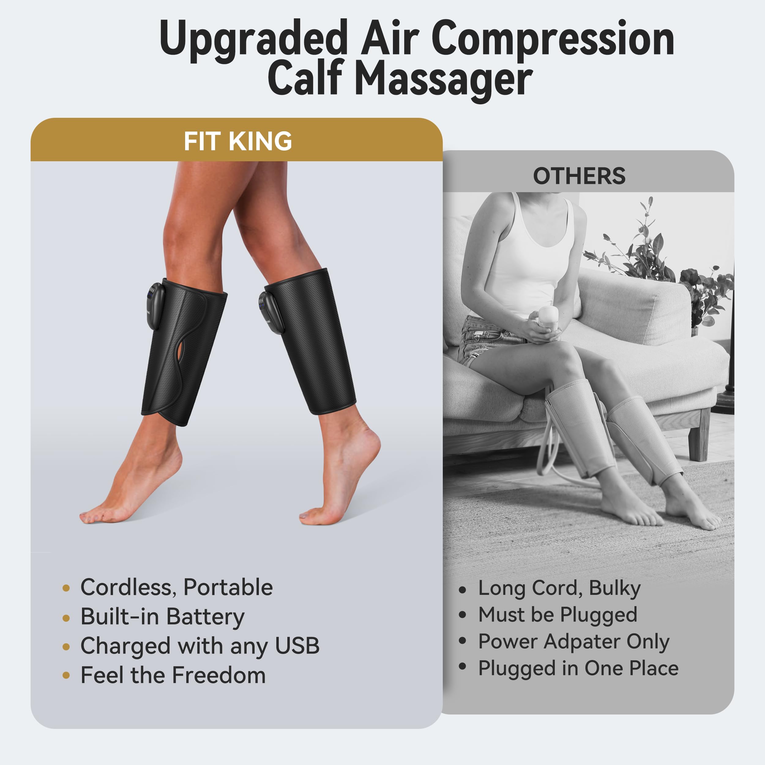 Fit King calf massager charging to emphasize portability for home and travel.