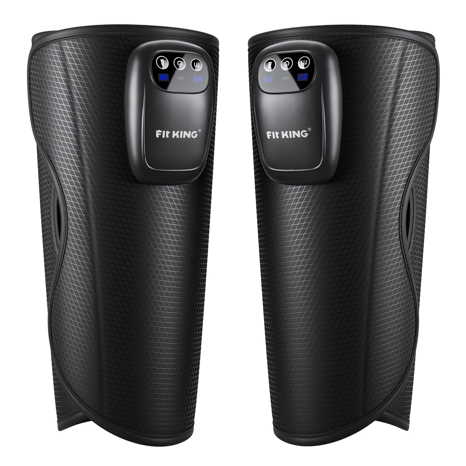 Fit King cordless calf massager in use on leg for improved circulation and relief.