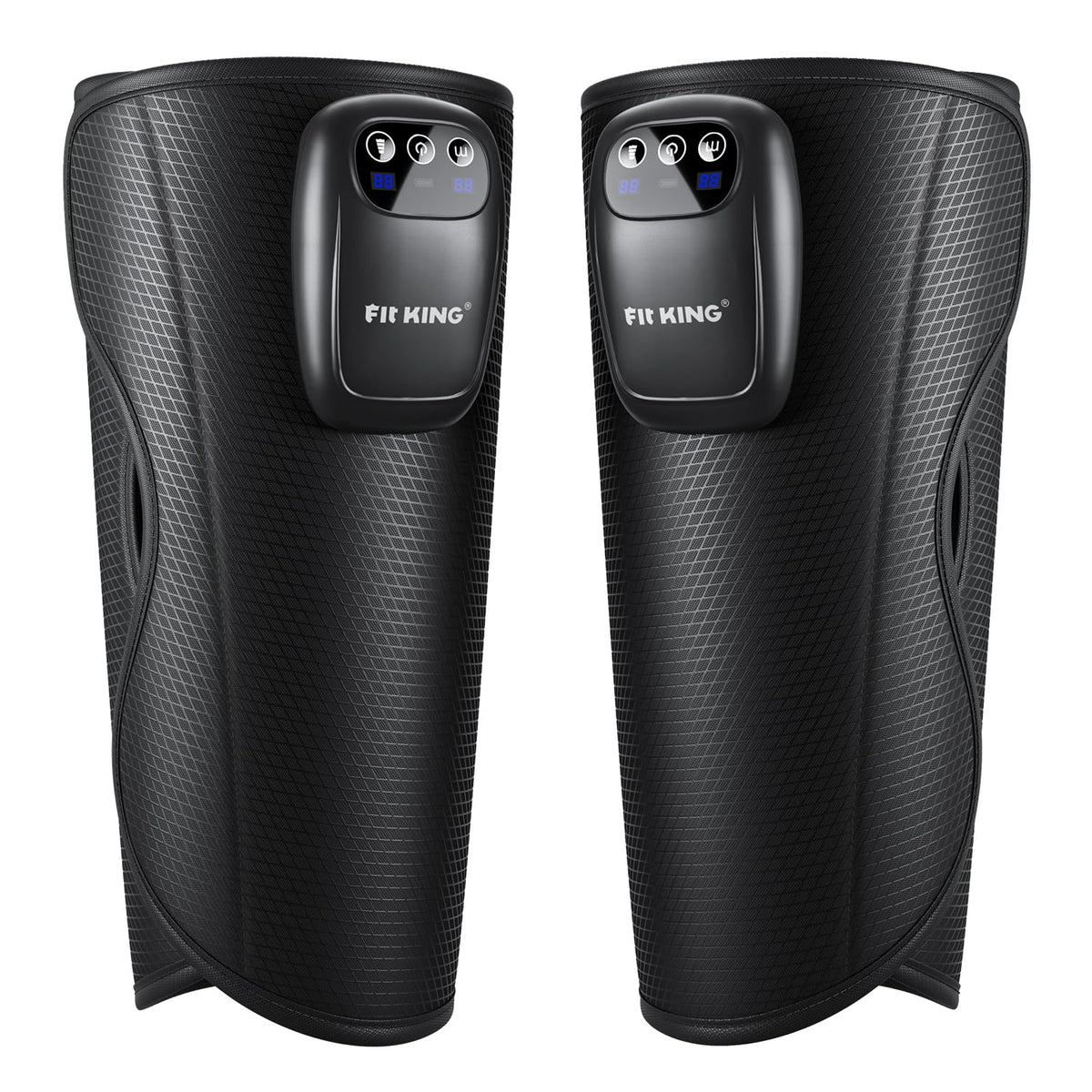 Fit King cordless calf massager in use on leg for improved circulation and relief.