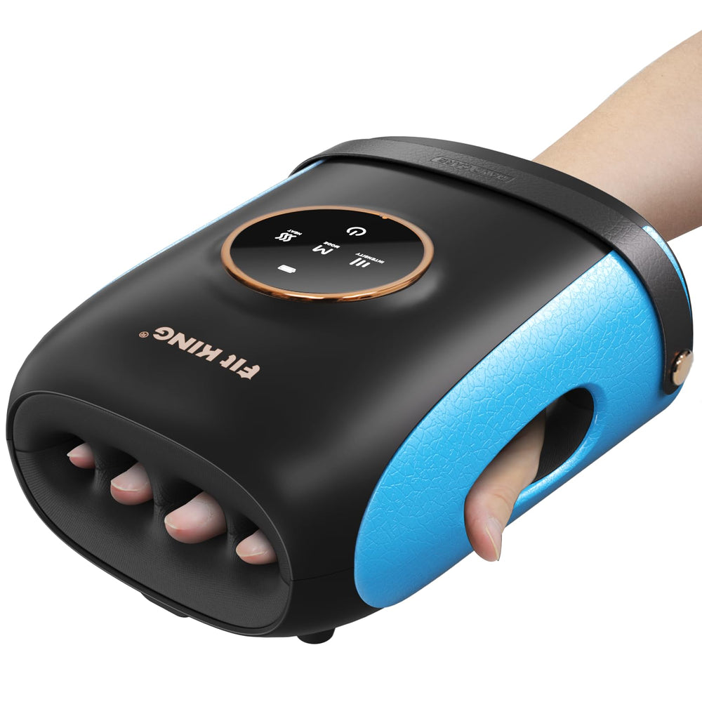 FIT KING cordless hand massager showing palm compression and heat for relaxation