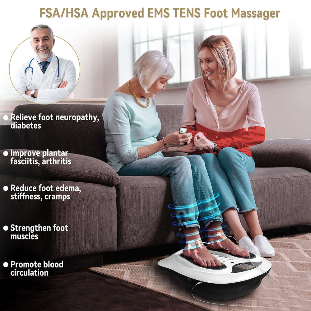 FIT KING EMS-TENS Foot Massager with pads illustrates versatile home therapy options.