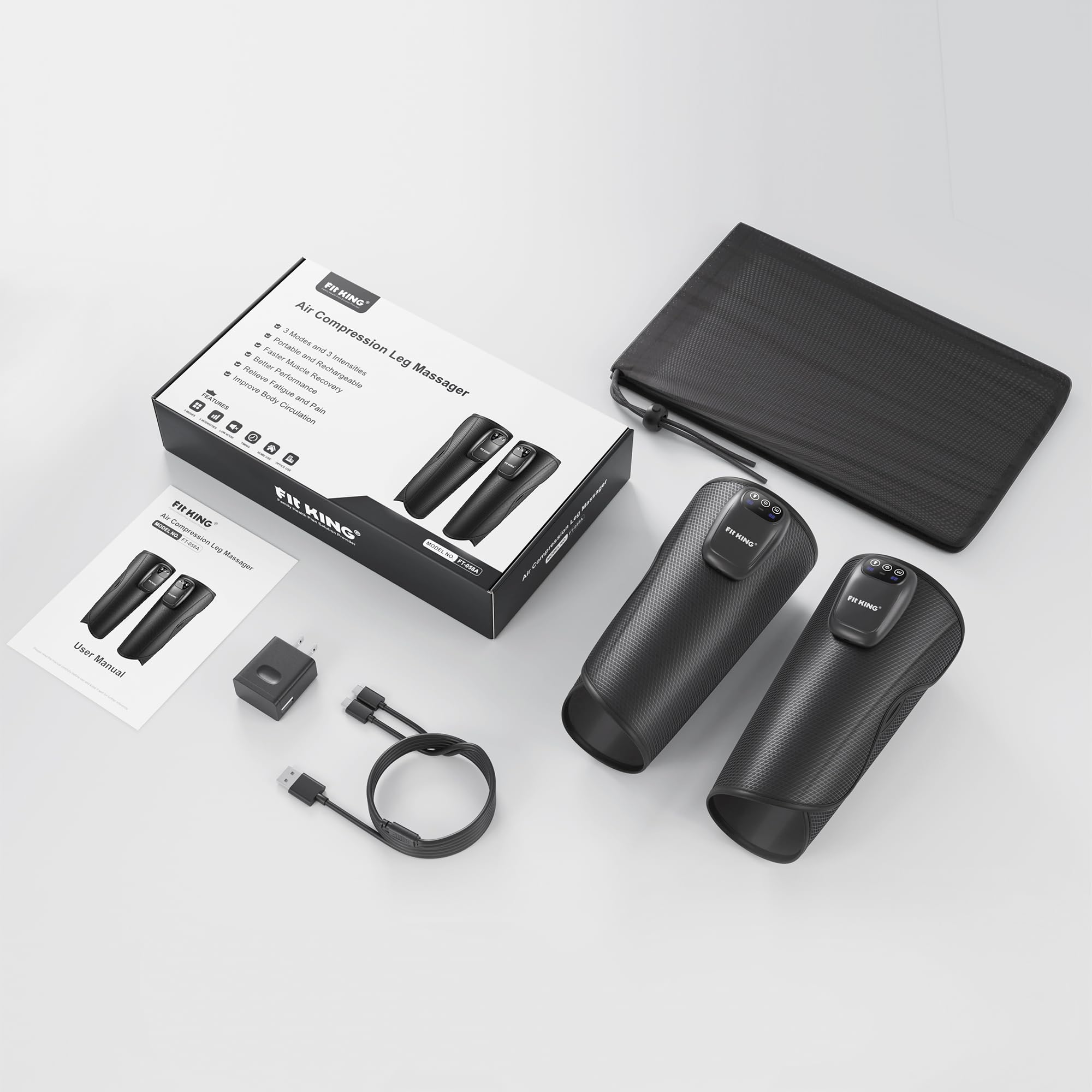 Fit King leg massager hose-free design for easy use and storage.