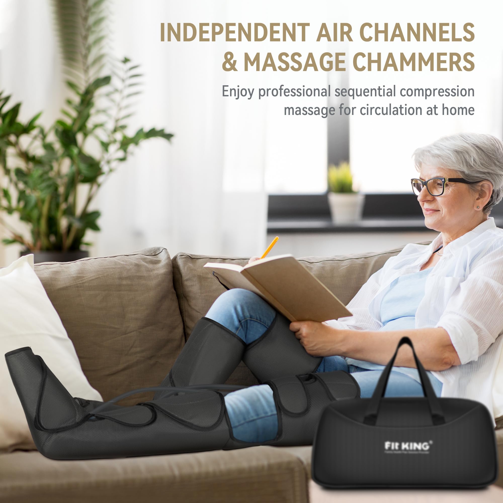 FIT KING massage device with independent air channels for feet, legs, and thighs.