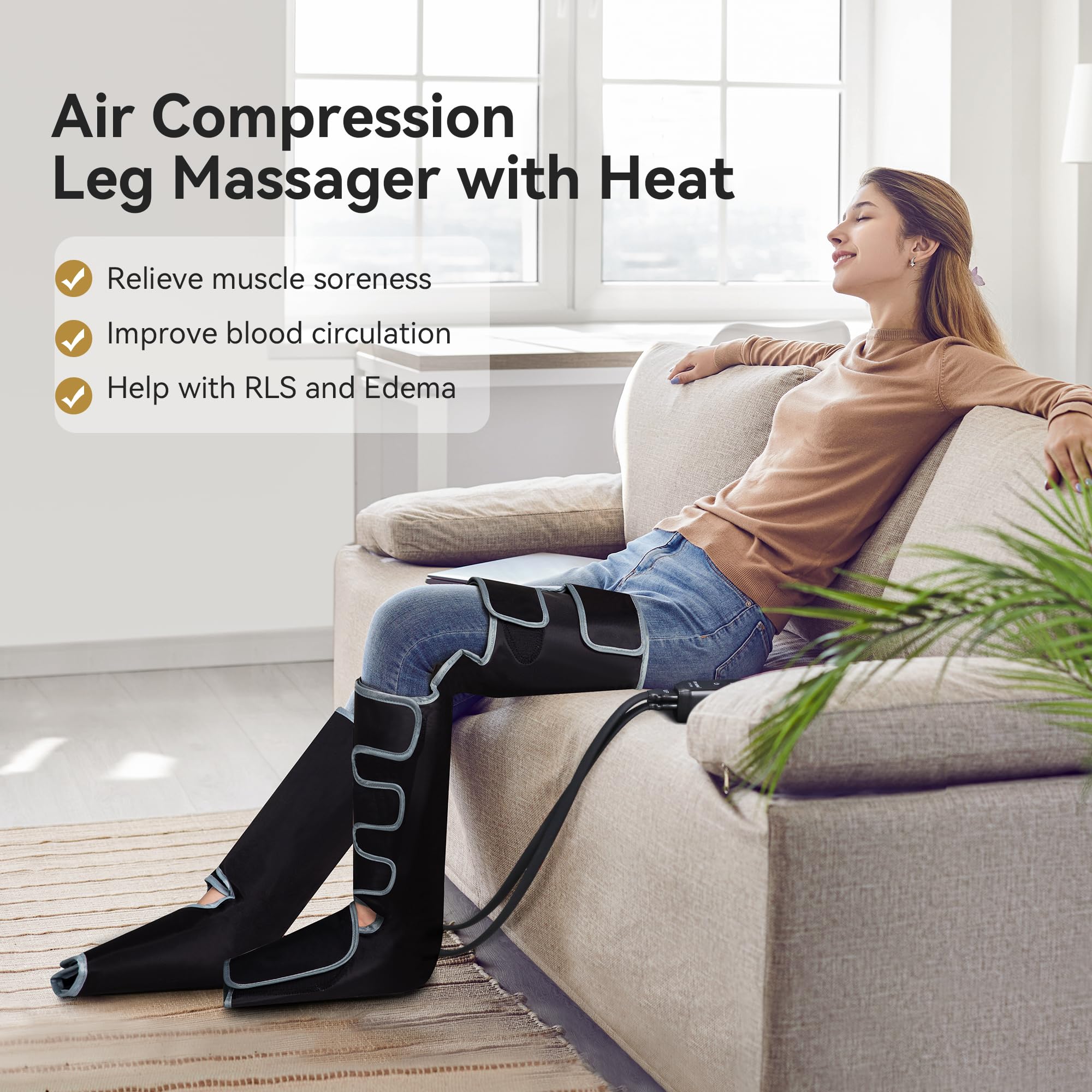 User wearing FIT KING leg massager for compression therapy