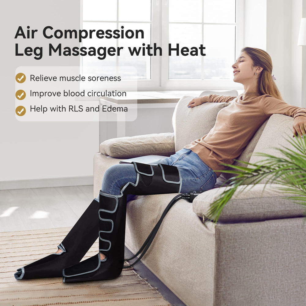 User wearing FIT KING leg massager for compression therapy