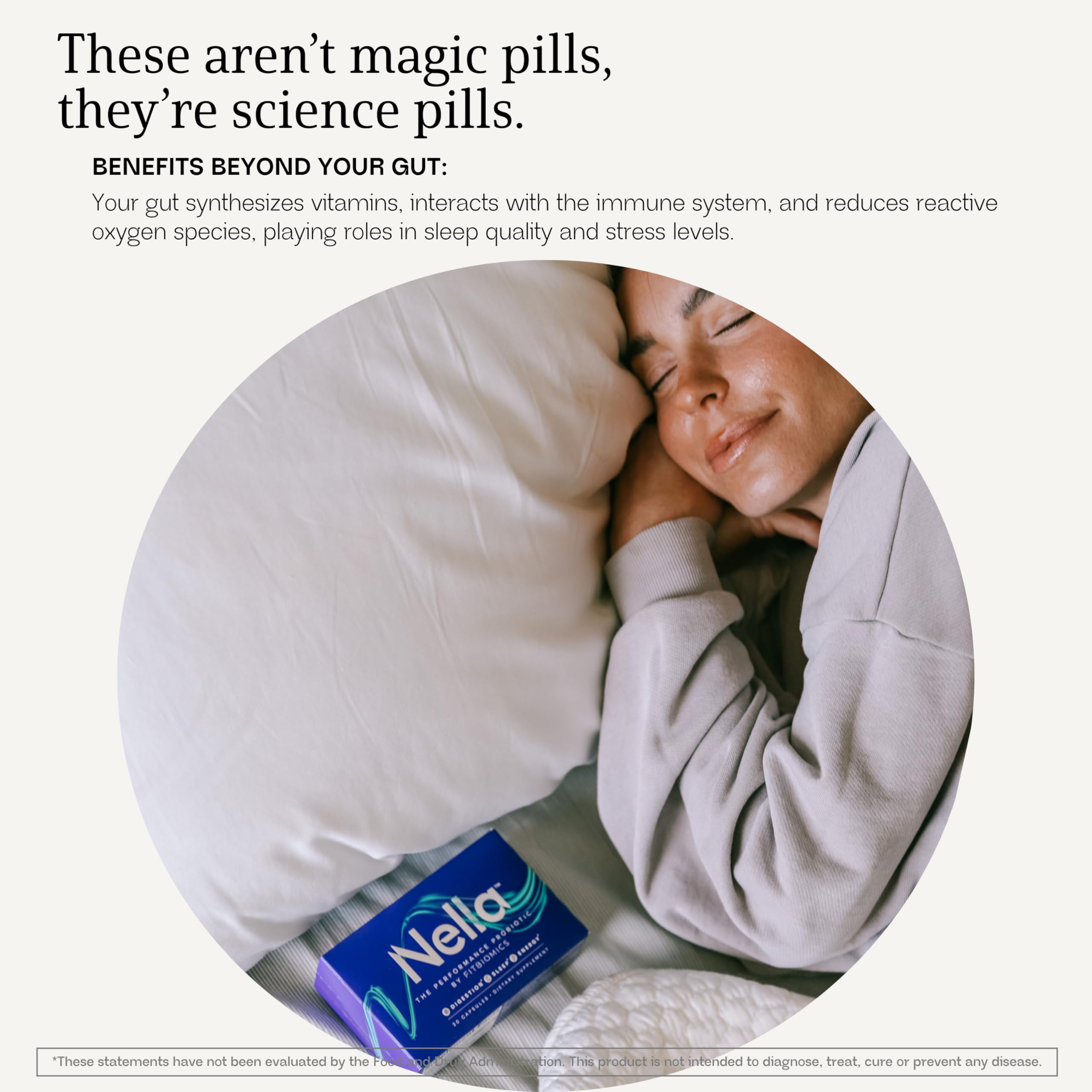 FITBIOMICS Nella digestive health visual emphasizes probiotic benefits for everyday life