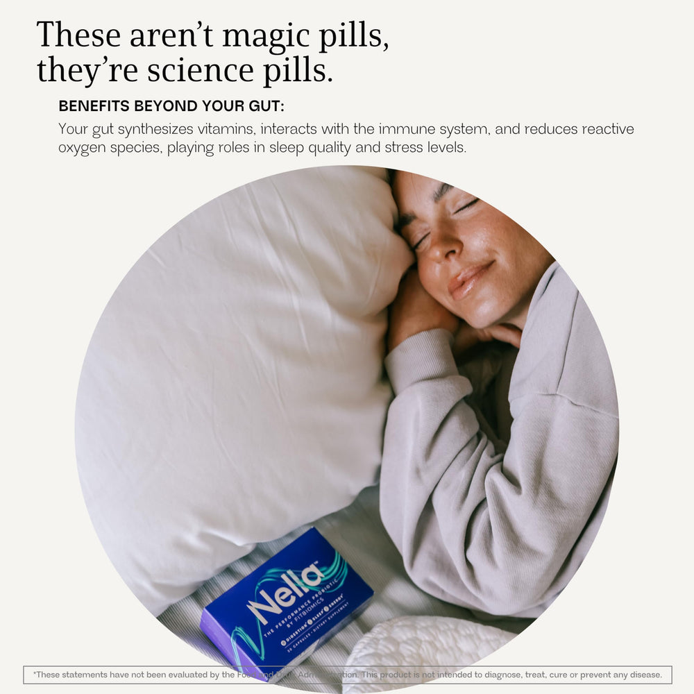 FITBIOMICS Nella digestive health visual emphasizes probiotic benefits for everyday life