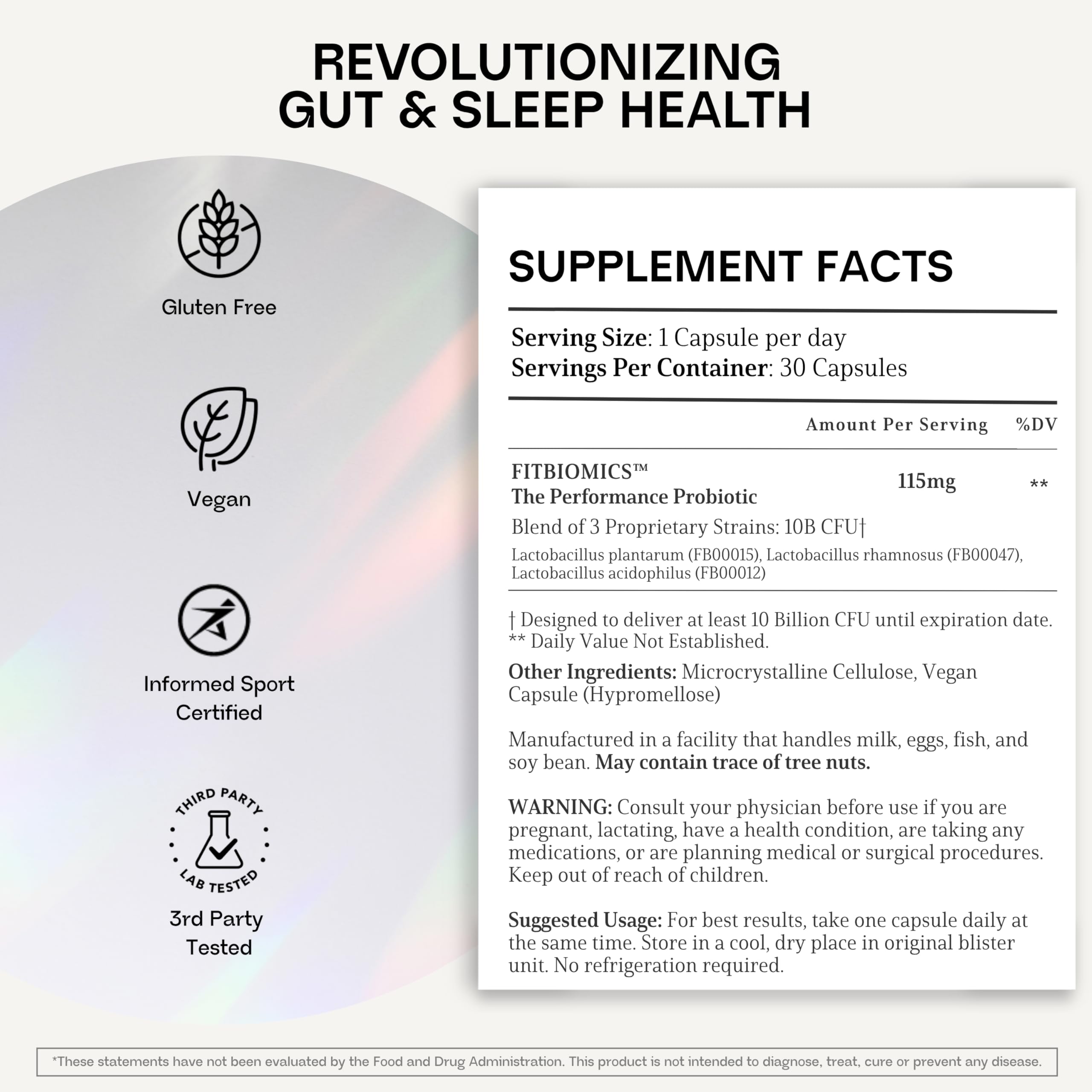 FITBIOMICS Nella label closeup highlights three Lactobacillus strains for holistic health